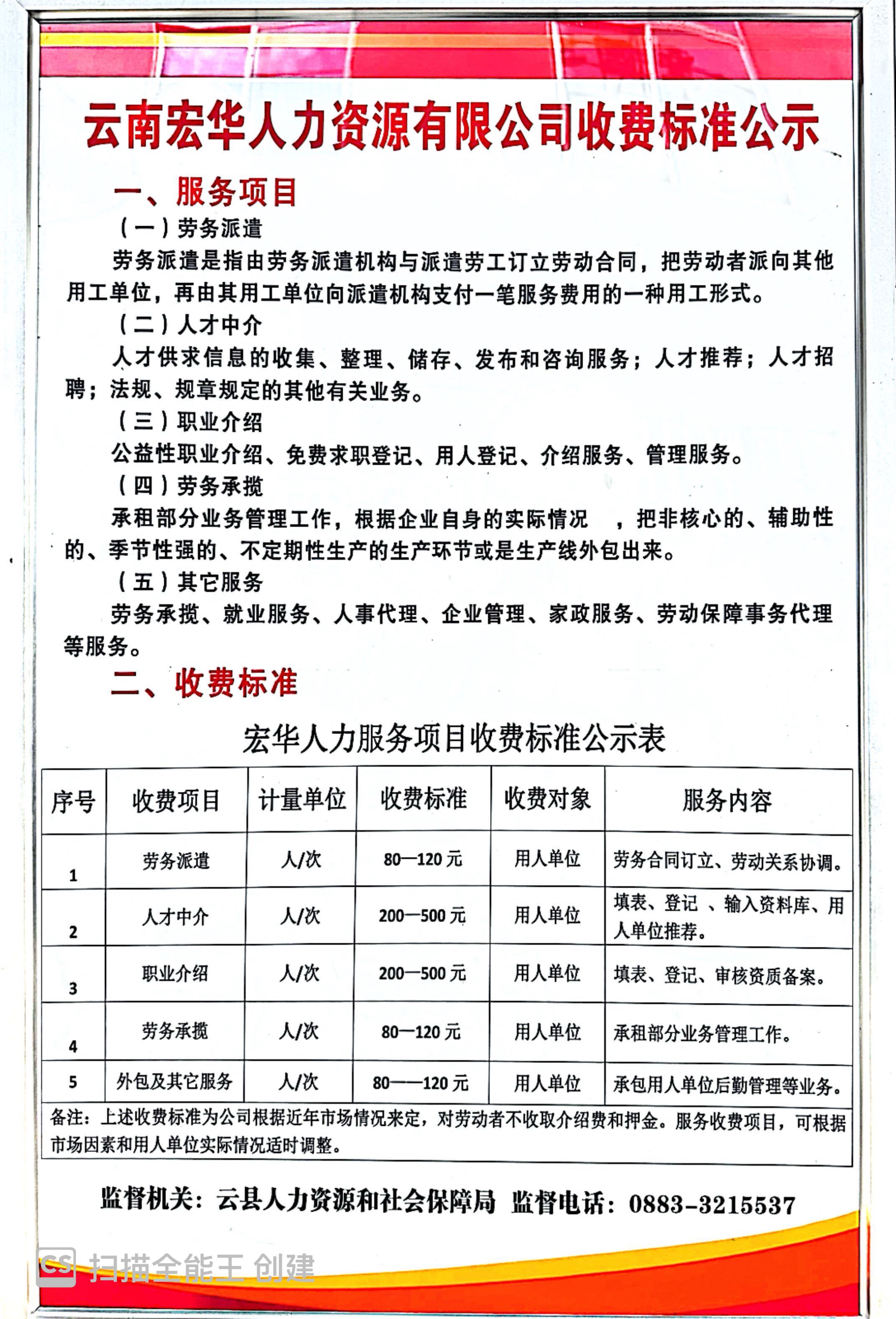 云南宏華人力資源有限公司收費標(biāo)準(zhǔn)公示
